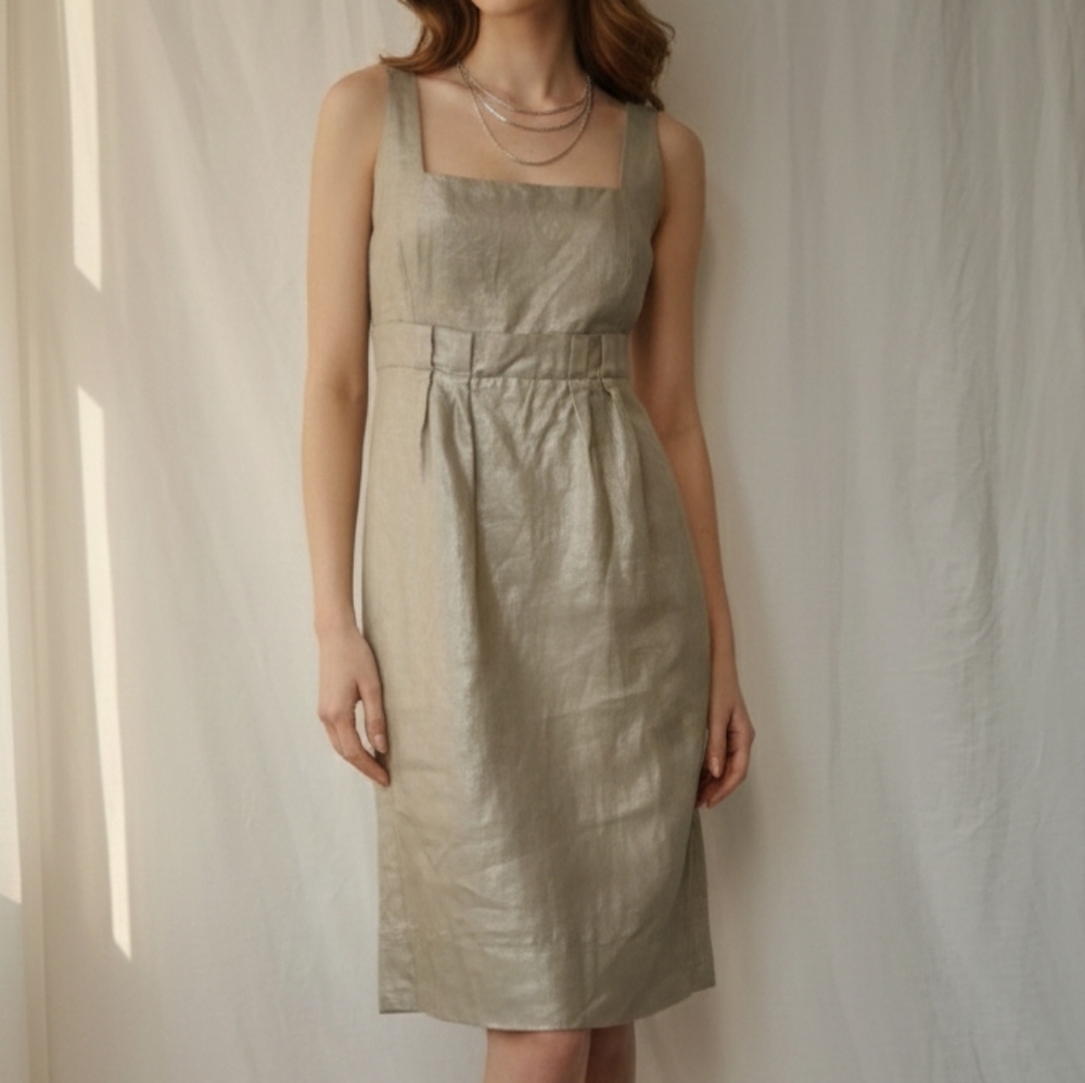 Kenneth Cole Reaction Shimmering Silver Metalic Obobe Knee  Midi Dress Sz 6 - Picture 14 of 16